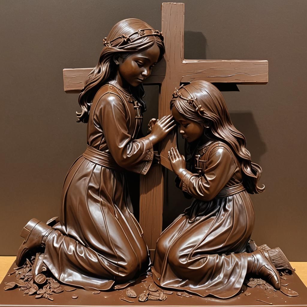 Chocolate Sculpture of Girls Kneeling Before Cross