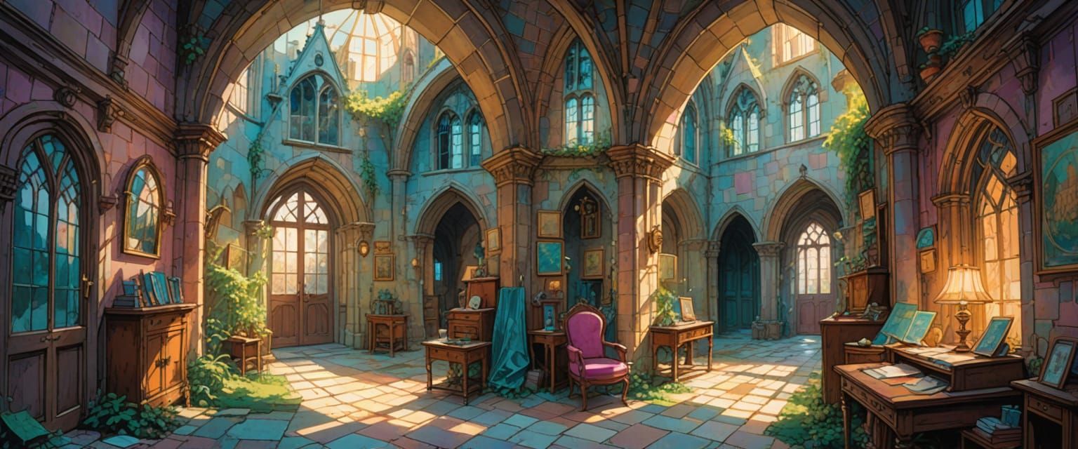 Abandoned Hogwarts Hallway in Dreamy Watercolor Style