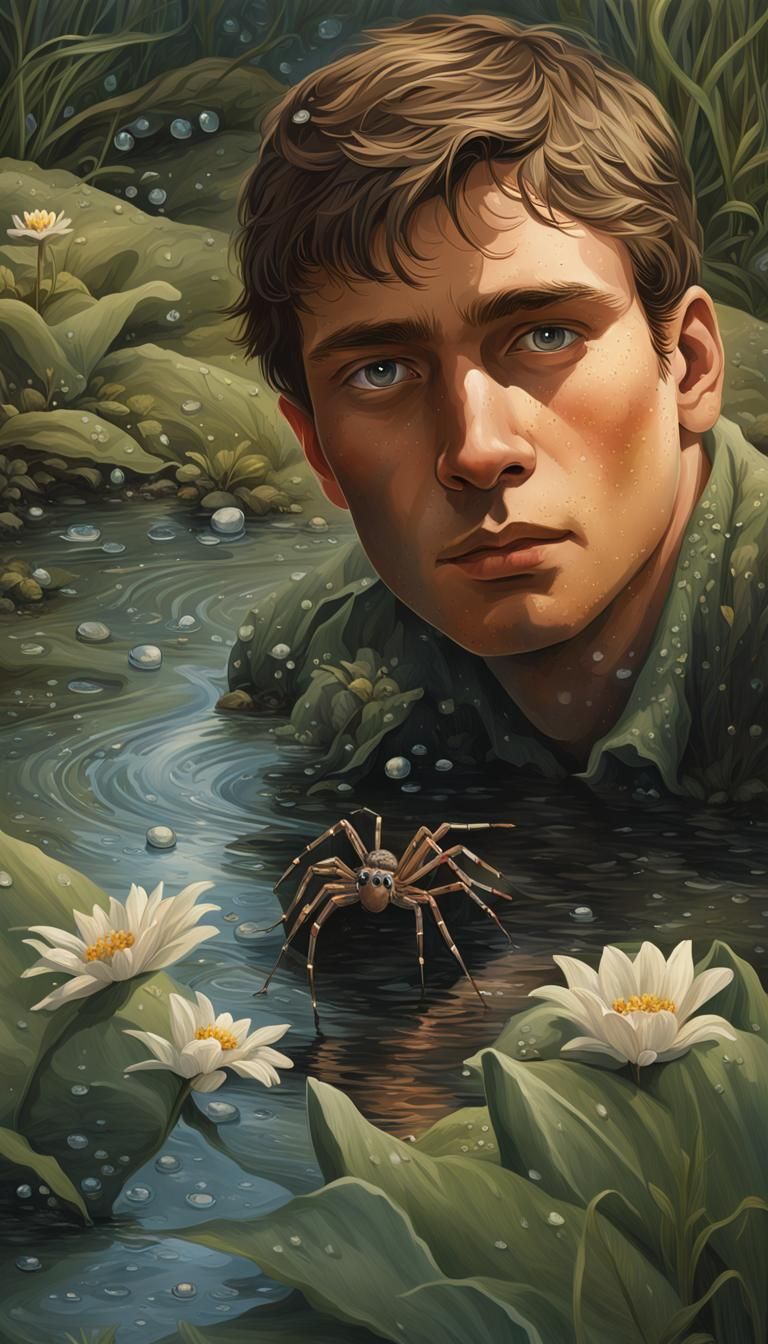 Man in Brook with Dew Glistening, Detailed Matte Painting