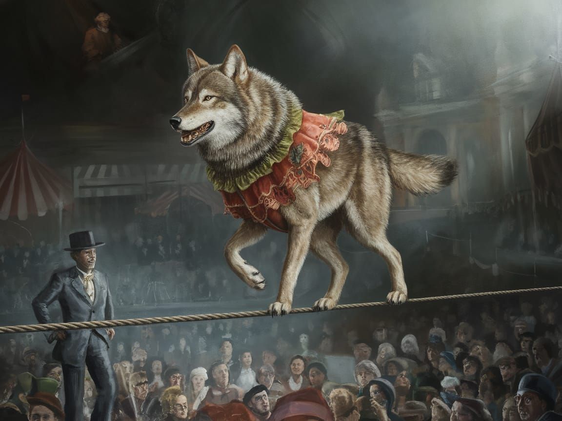 Dark Circus Wolf Performs Daring Tightrope Act in Oil Painti...