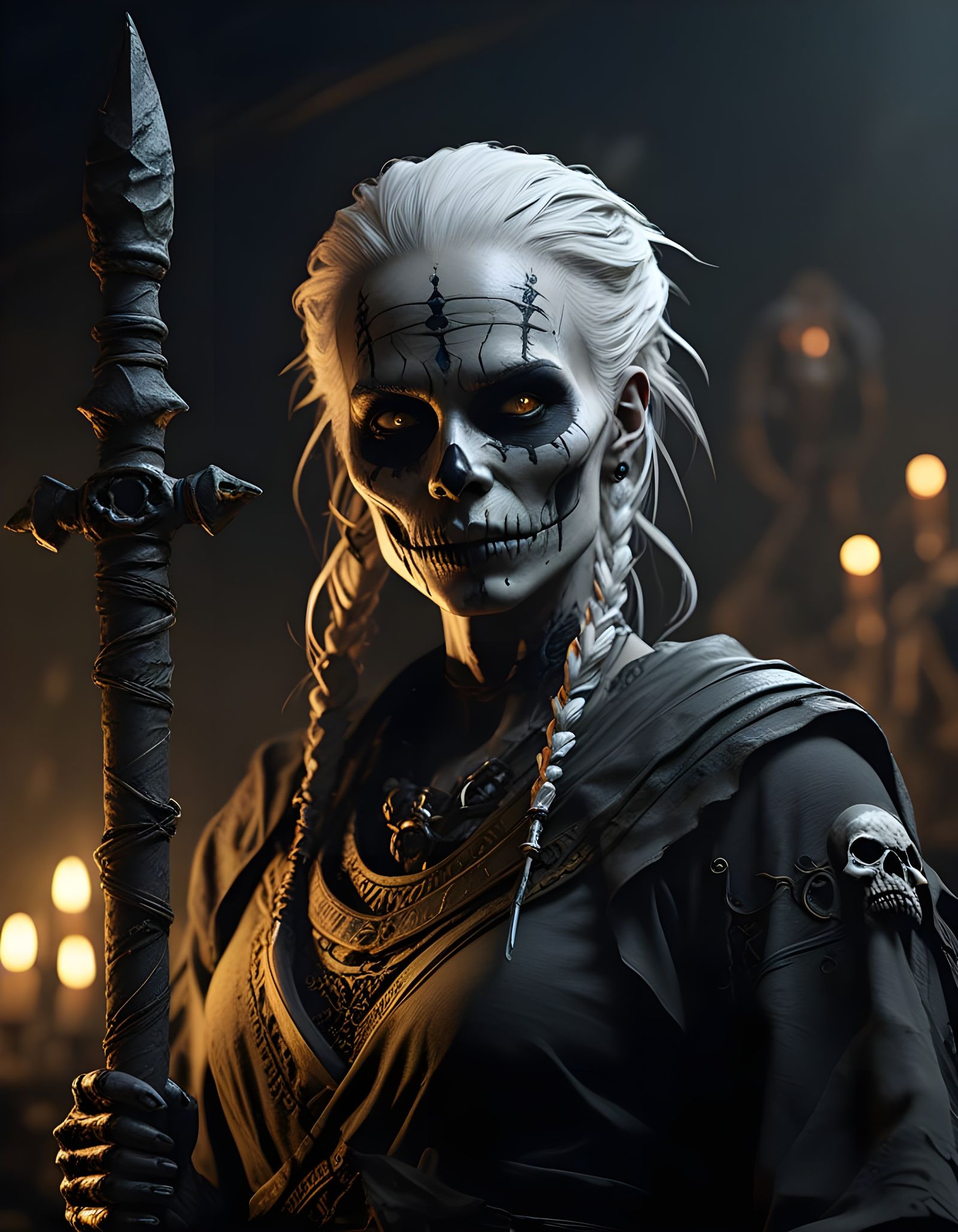 White-Haired Voodoo Woman in Hut, Photorealistic Rendering