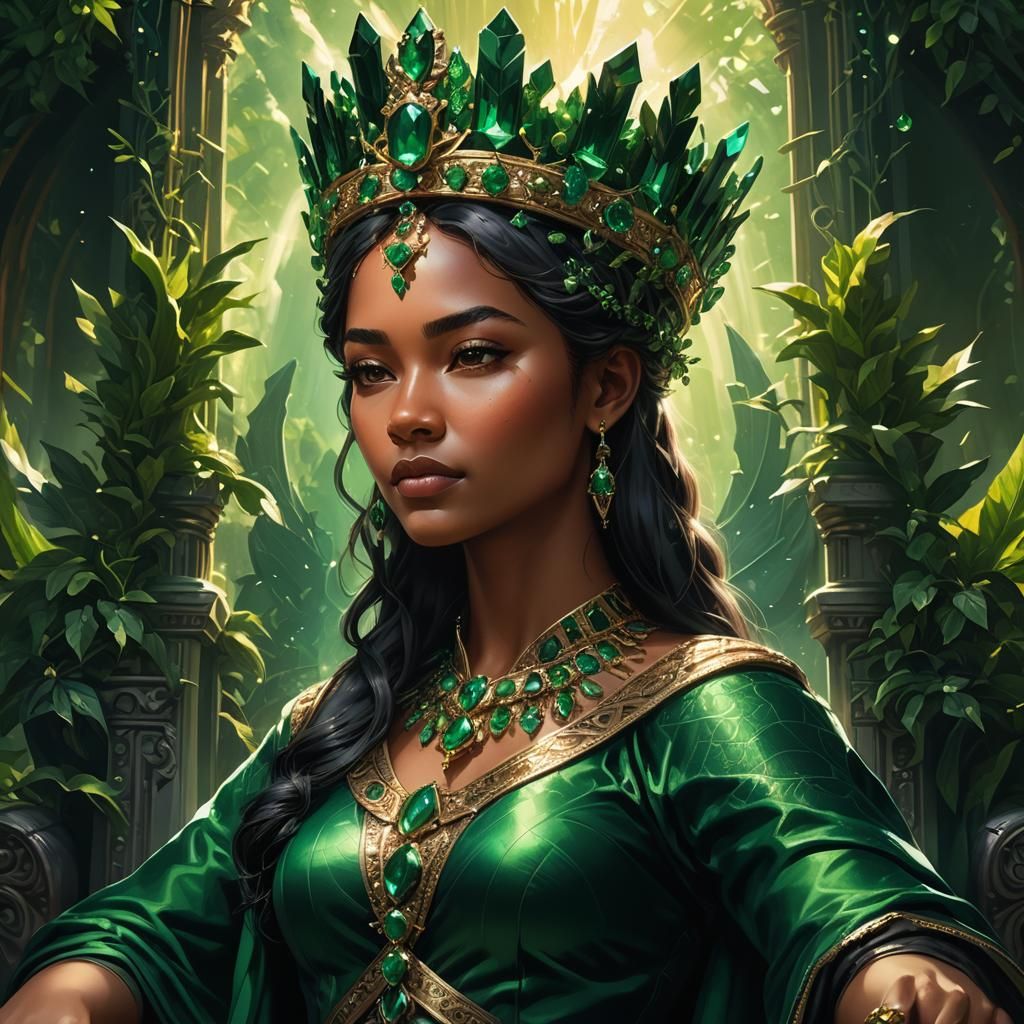 Emerald Queen on Verdant Throne: Hyperrealistic Splash Art