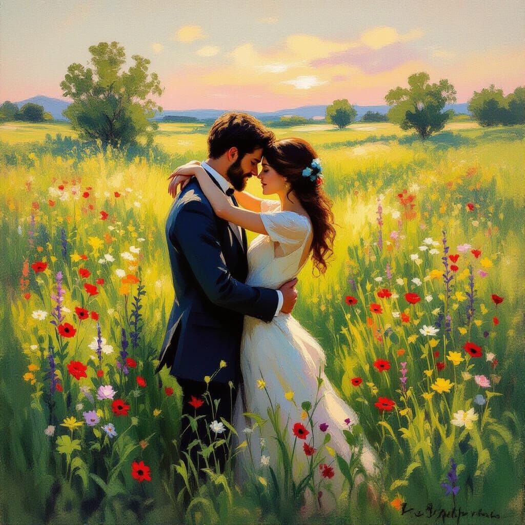 Loving Embrace in Twilight Field of Flowers