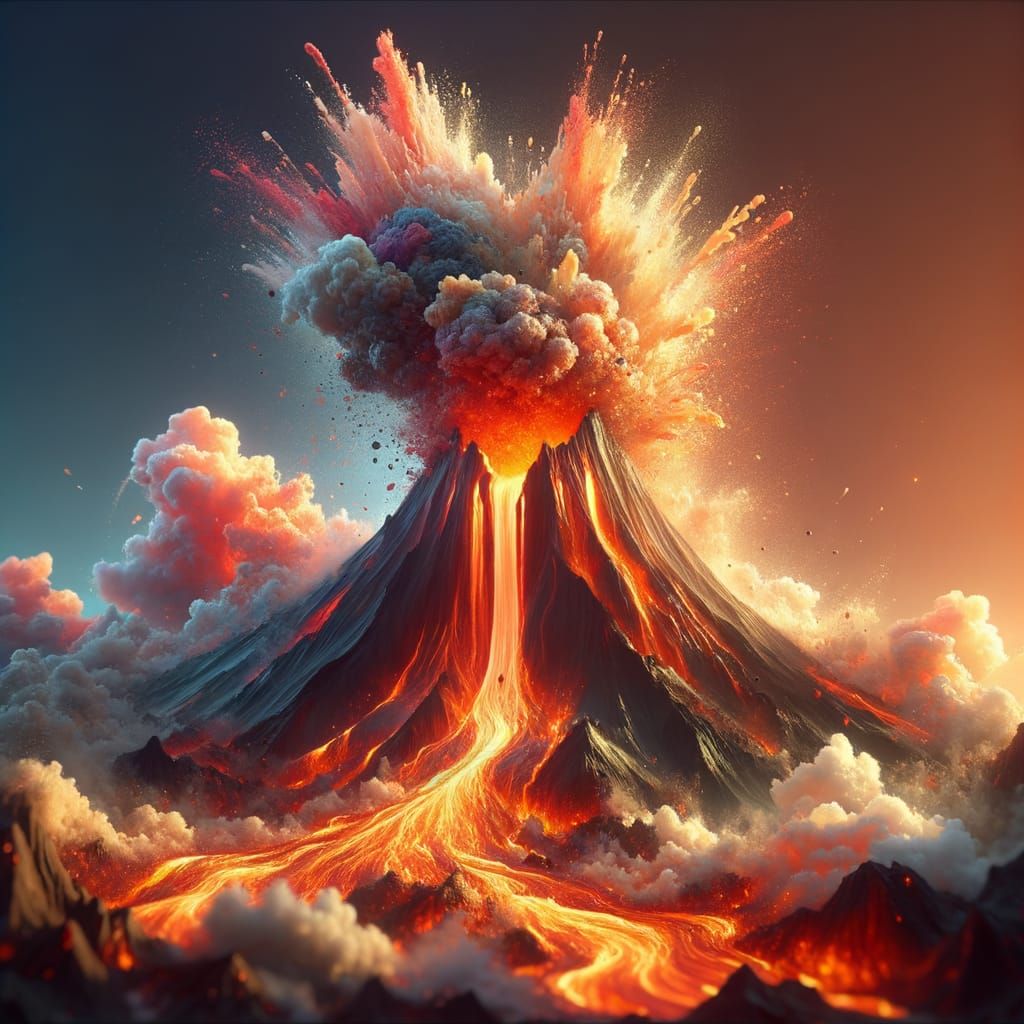 Surreal Hyperrealistic Volcano Erupts in Dramatic Mid-Shot