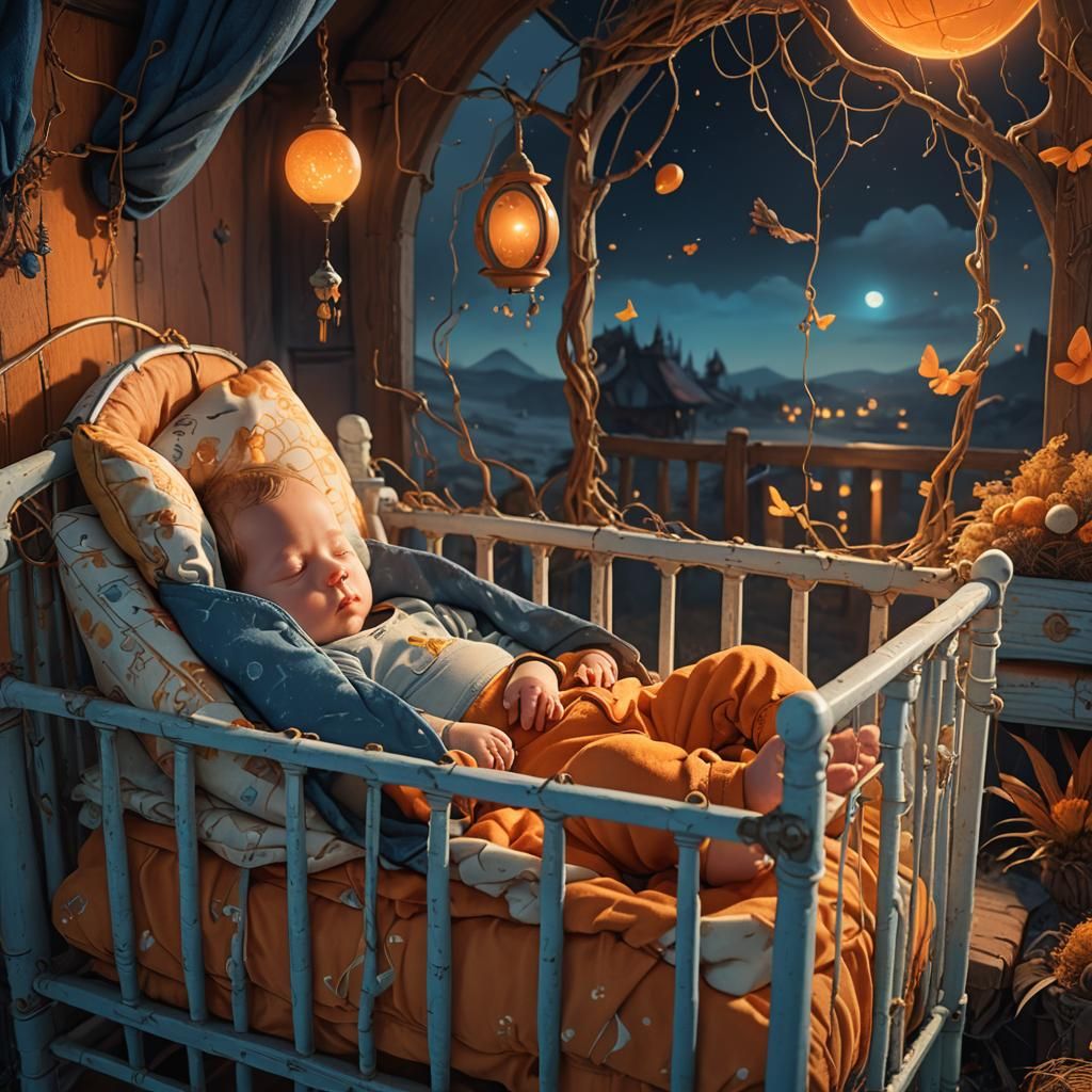 Sleeping Newborn in Crib: Fantasy Matte Painting