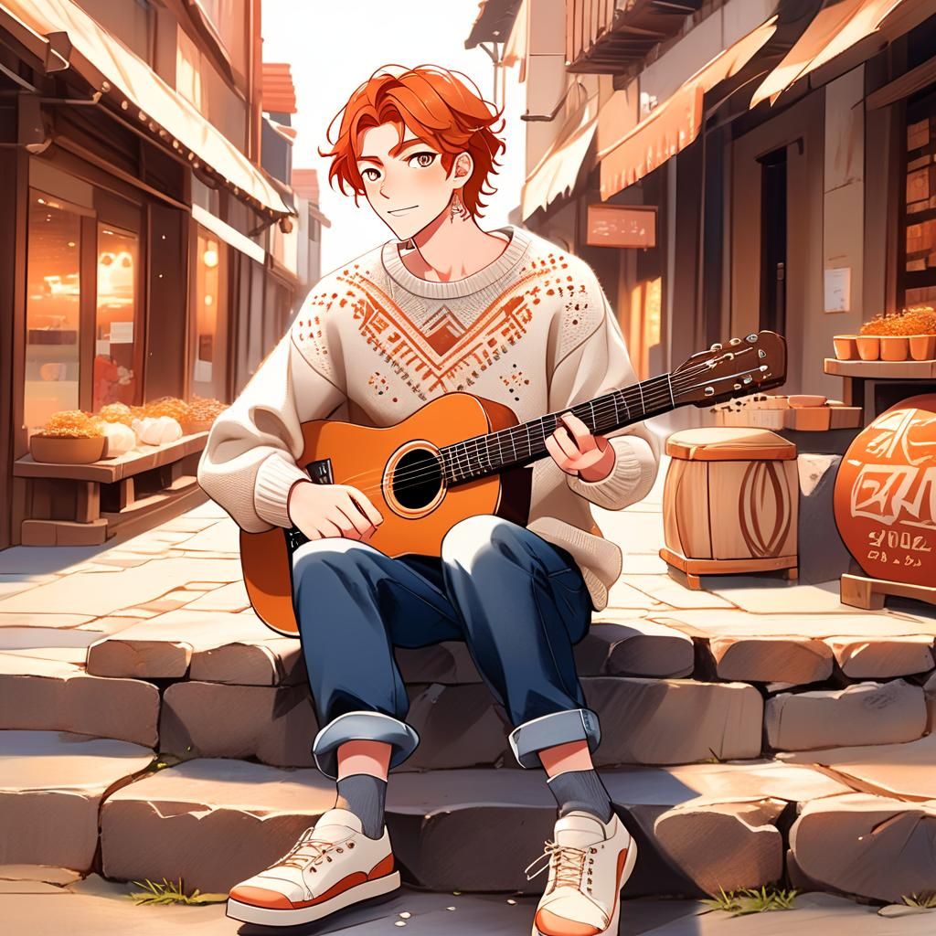 Anime Boy with Guitar on Traditional Street