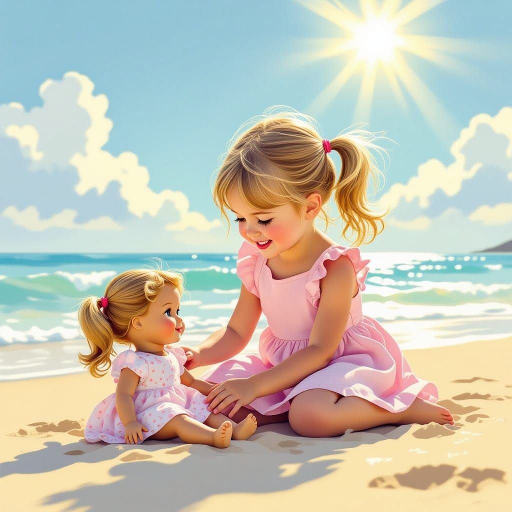 Girl Plays with Doll on Beach at Golden Hour