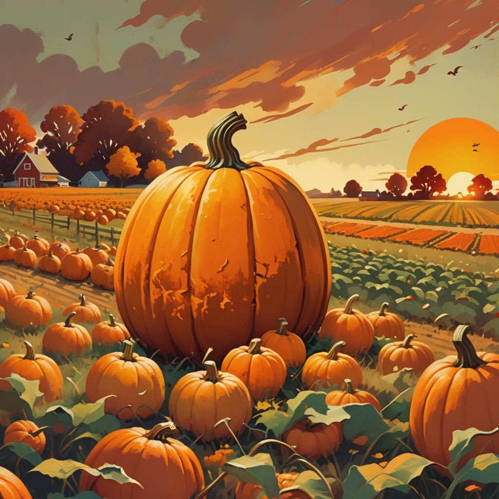 Autumn Pumpkin Patch in Vintage Poster Art Style