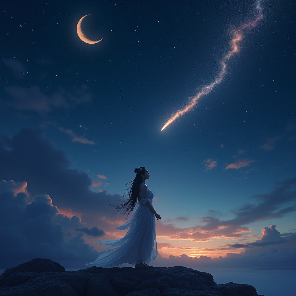 Chinese Model Gazing at Moonlit Comet