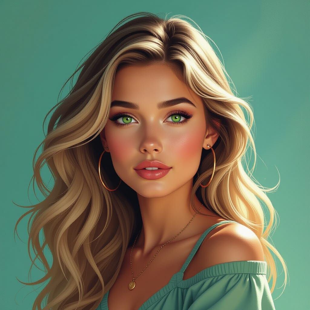 Woman with Green Eyes and Flowing Blond Hair
