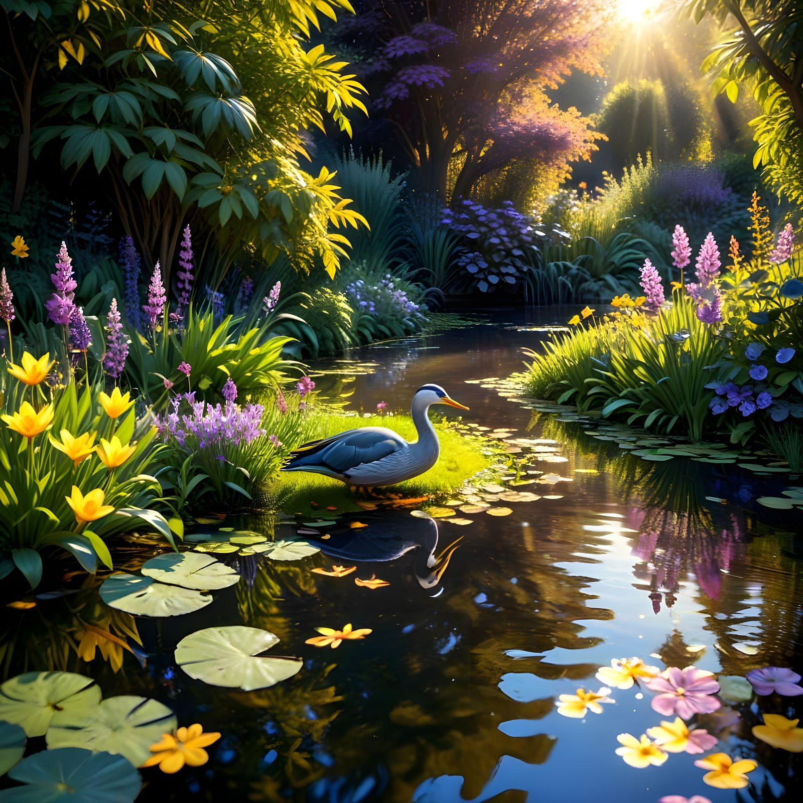 Vibrant Garden Pond Scene with Rubber Ducks and Heron in Abs...