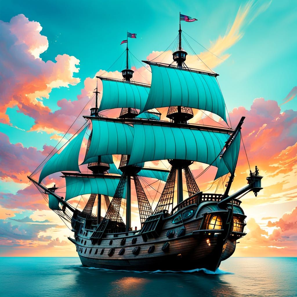 Vibrant Galleon Ship Set Sail in a Kaleidoscopic Sky