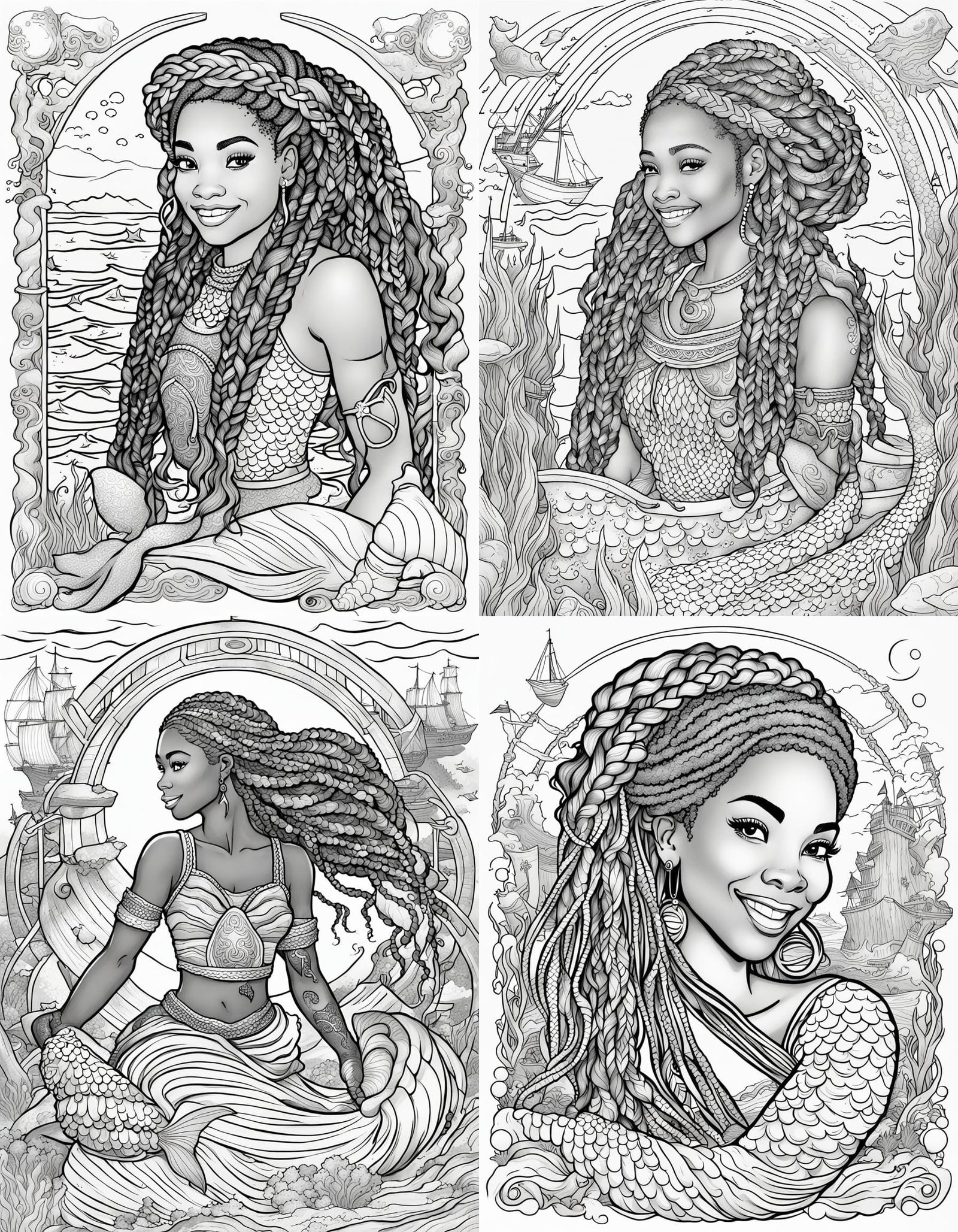 Fantasy Coloring Page: Smiling Mermaid with Shipwreck