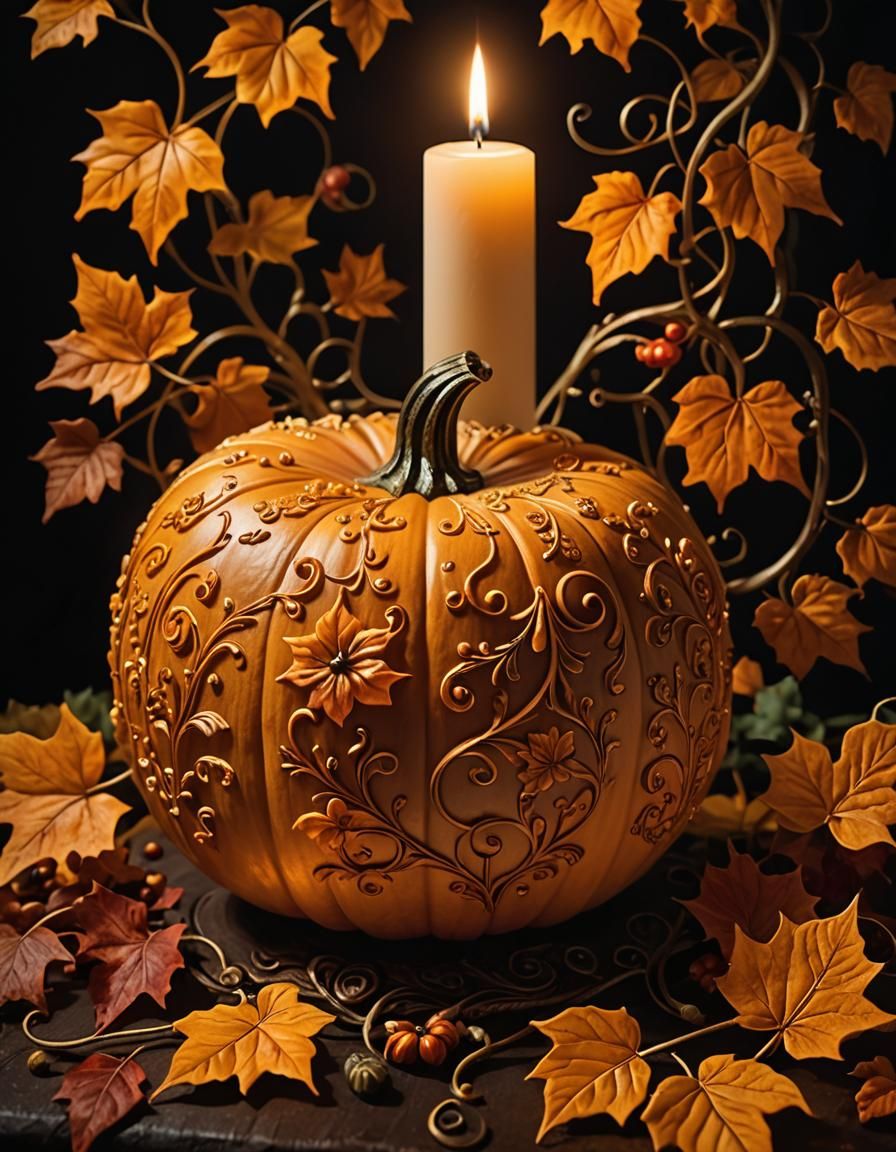 Candlelit Carved Pumpkin in Autumn, Oil Painting Style