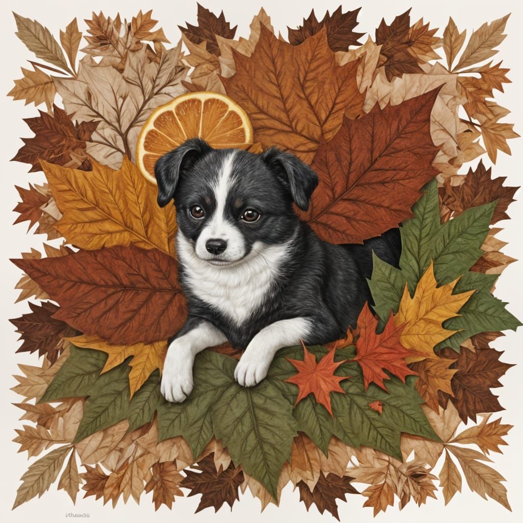 Dog Plays in Leaves: Folk Art Collage