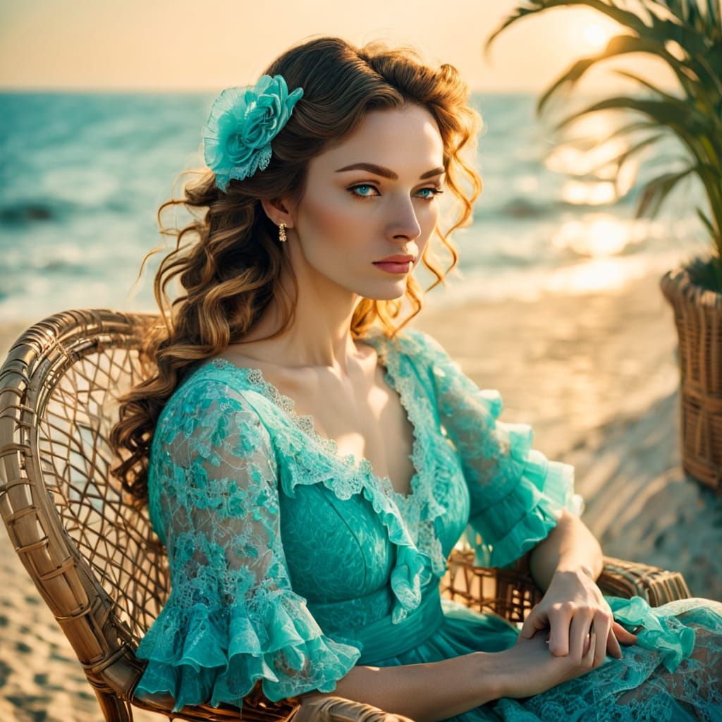 Dreamy Impressionist Portrait of Woman in Turquoise Gown