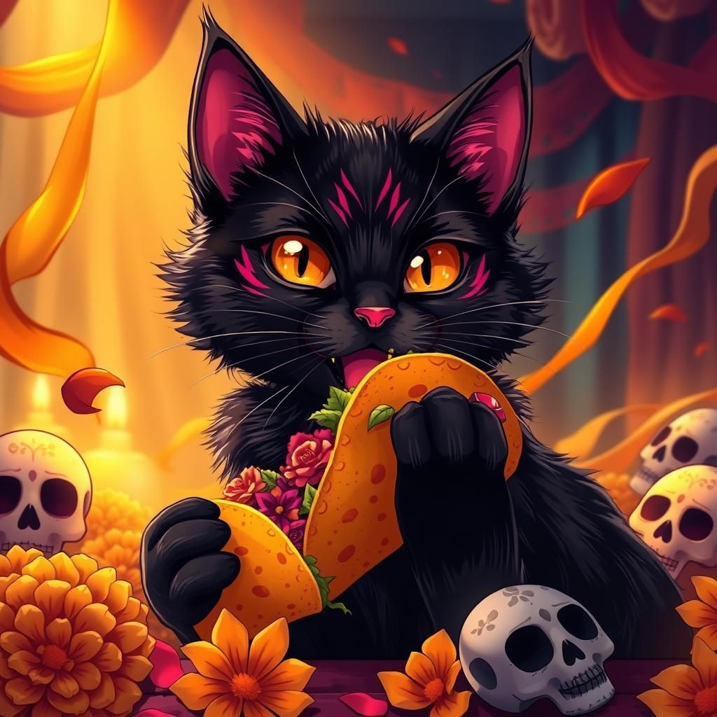 Black Cat Enjoys Taco in Day of the Dead Scene