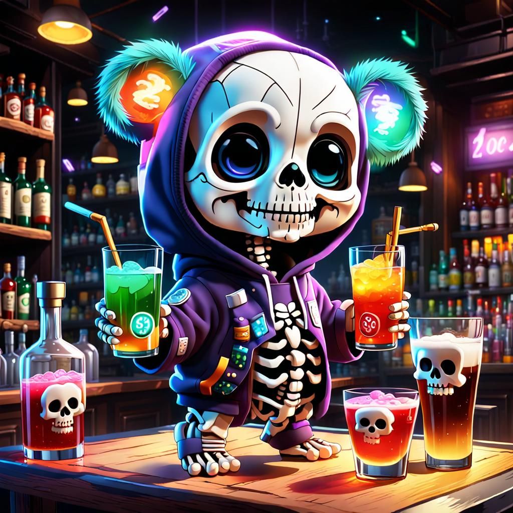 Cute Chibi Skeleton Bartender in Dreamscape Style