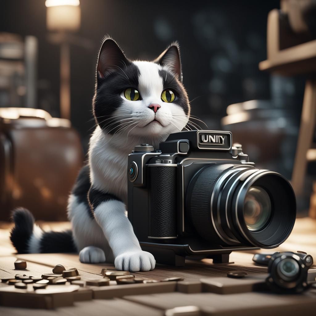 Black and White Cat in Camera: 3D Game Art
