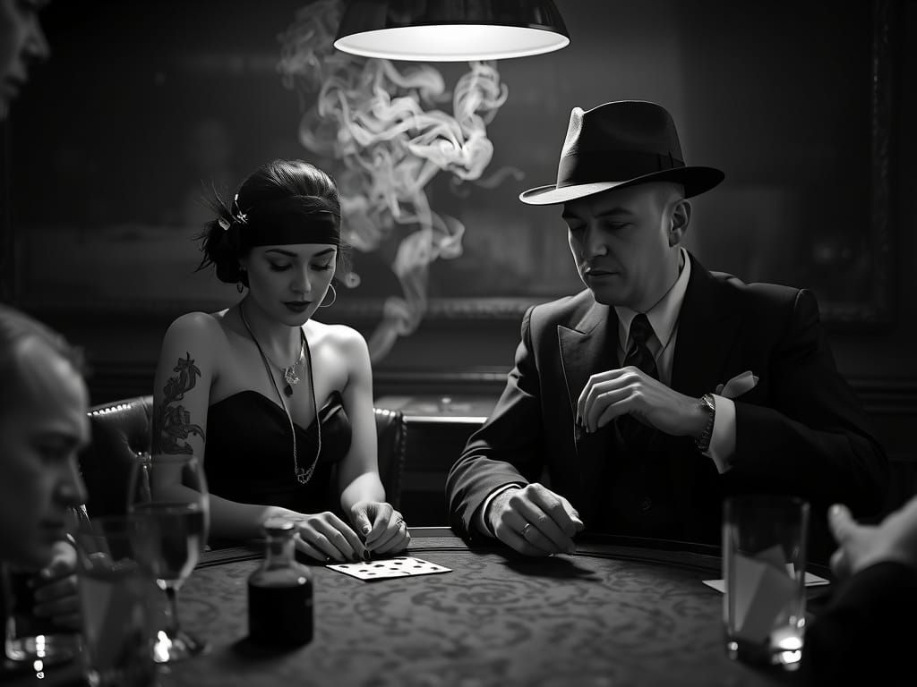 Film Noir Scene: Gangsters in Dimly Lit Speakeasy
