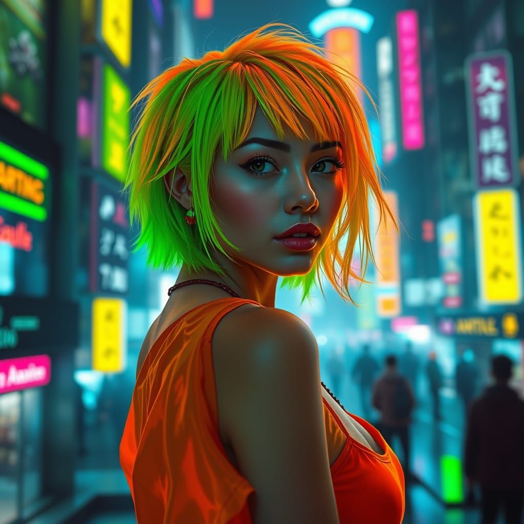 Neon Cyberpunk Woman in Futuristic Cityscape