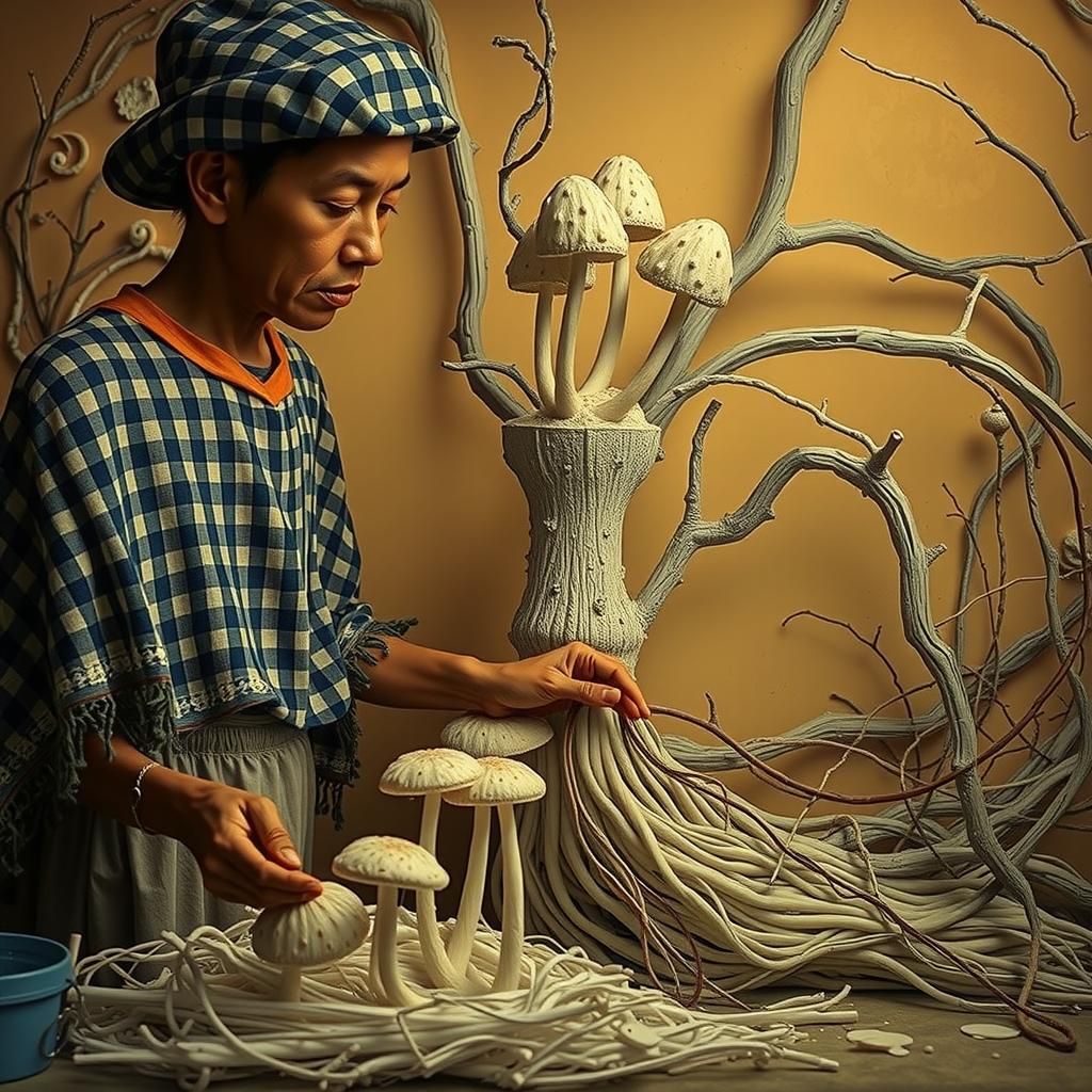 Linocut Mushroom Garden with Sculptural Figures