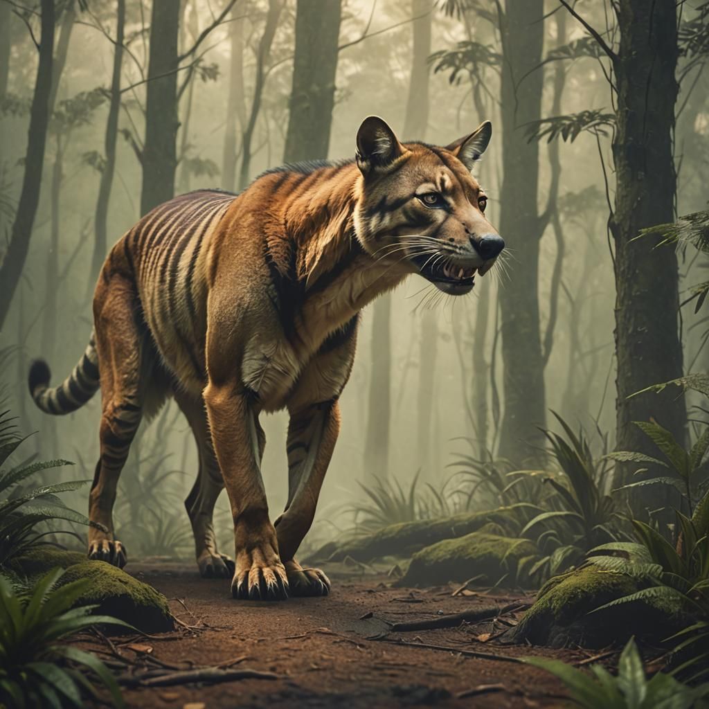 Tasmanian Tiger in Misty Forest: Digital Wildlife Art