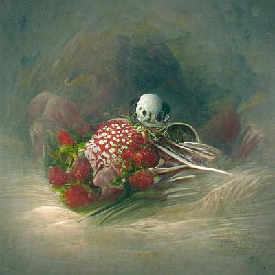 Strawberry Skull with Flowers and Bones in Engraving Style