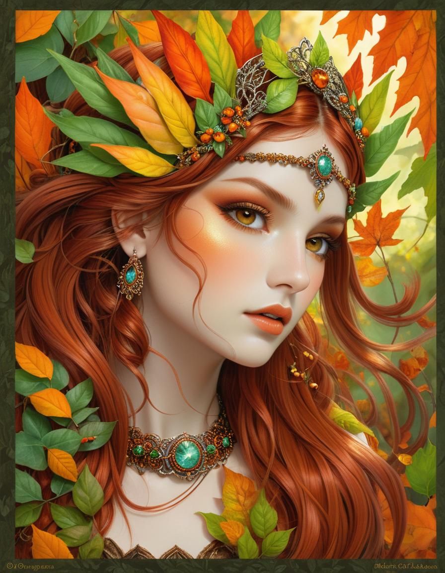 Autumn Goddess with Hazel Eyes and Leaf Adornments