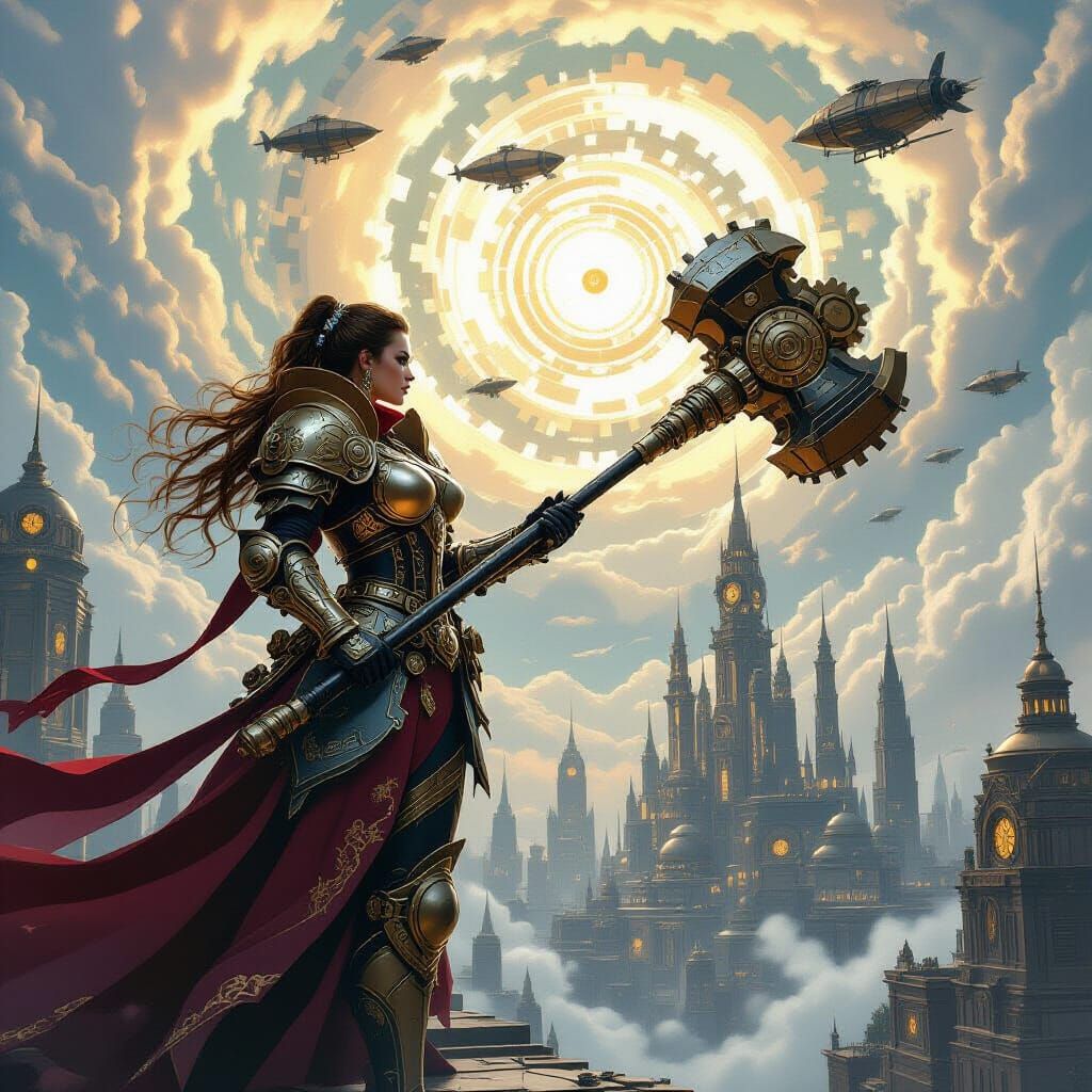 Colossal Steampunk Warrior Guards Futuristic Clockwork City