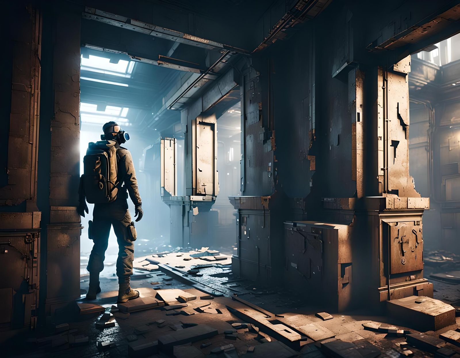 Gas Mask Figure in Sci-Fi Ruins