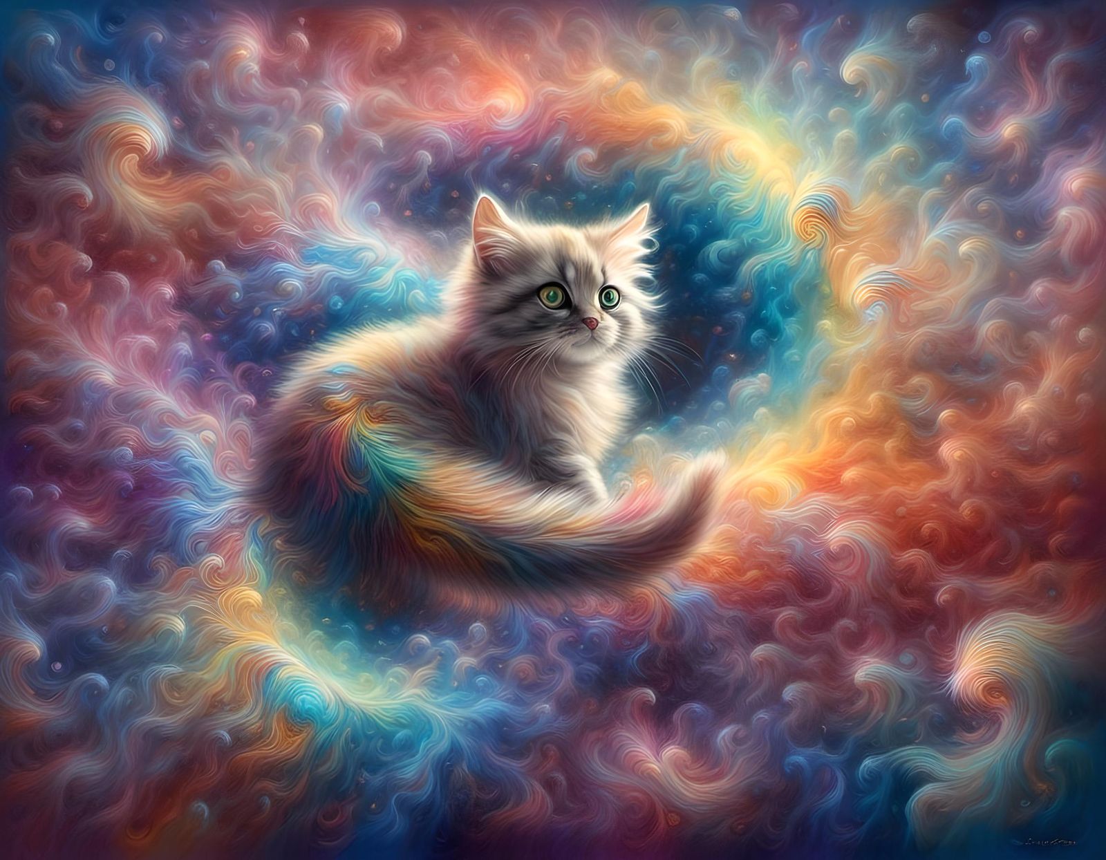 Rainbow Cat Floating in Dreamscape: Surreal Airbrush Art