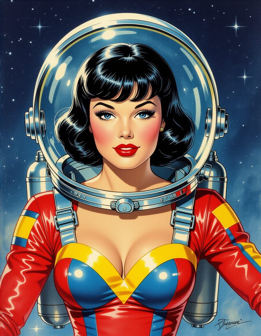 Bettie Page Inspired Space Explorer in Retro Sci-Fi Style