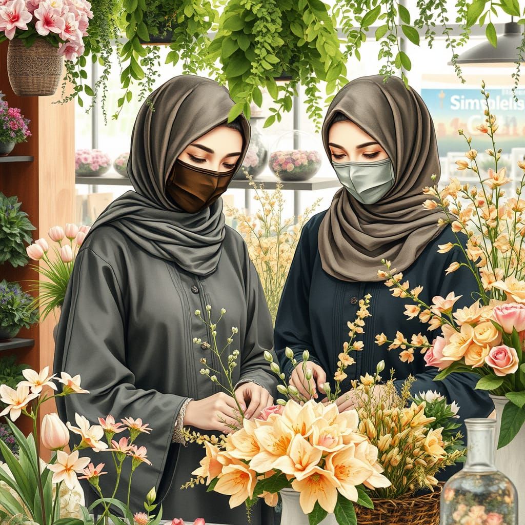 Hijab Florists Arrange Flowers in Watercolor Style