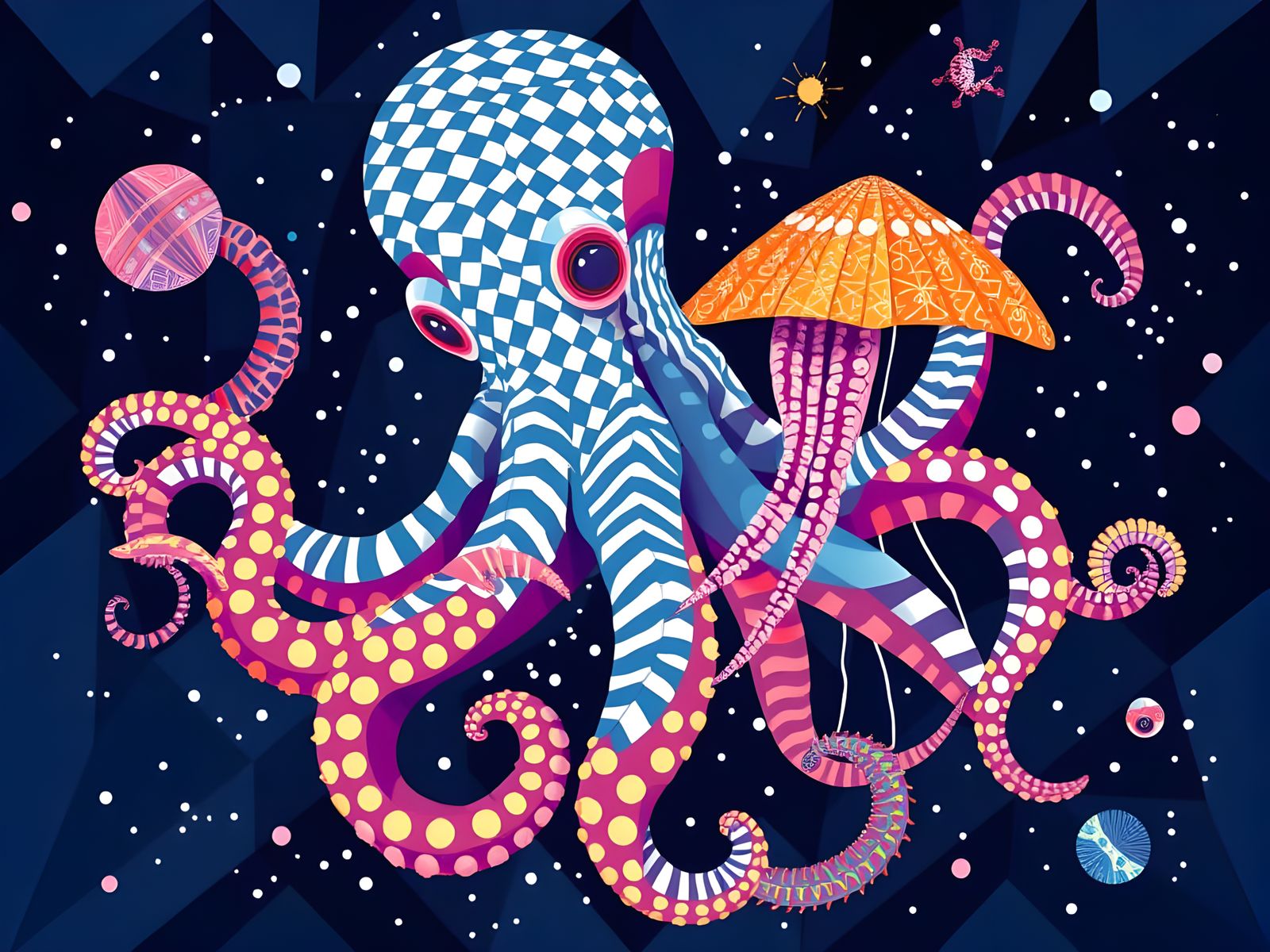 Vibrant Geometric Octopus and Jellyfish in Gingham Stripes