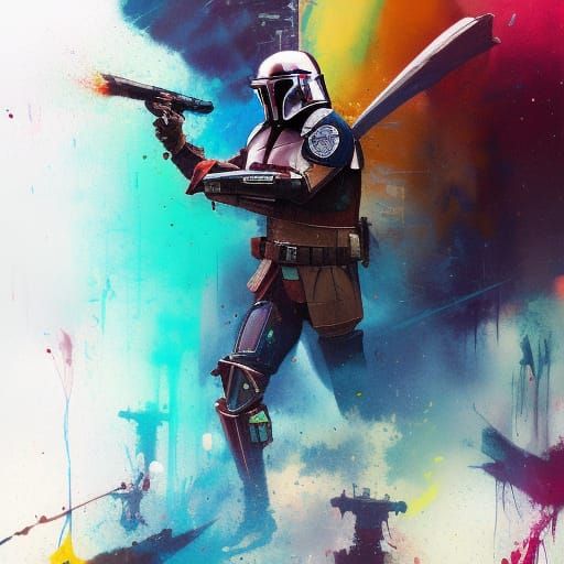 Mandalorian Warriors in Flight: Colorful Splash Art