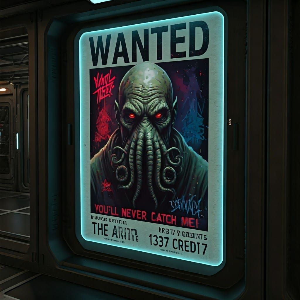 Futuristic Wanted Poster: Cubist Cthulhu in Cyberpunk Style