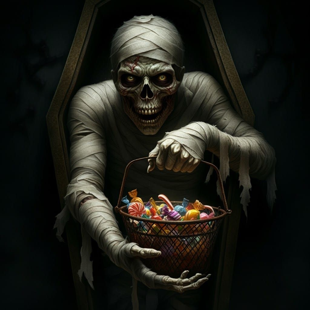 Terrifying Mummy Offers Halloween Candy in Gothic Horror Sty...