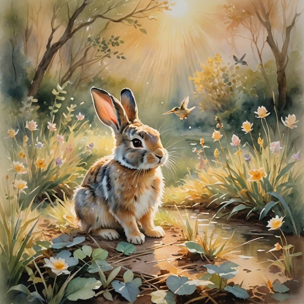 Rabbit and Bird Play in Impressionist Watercolor