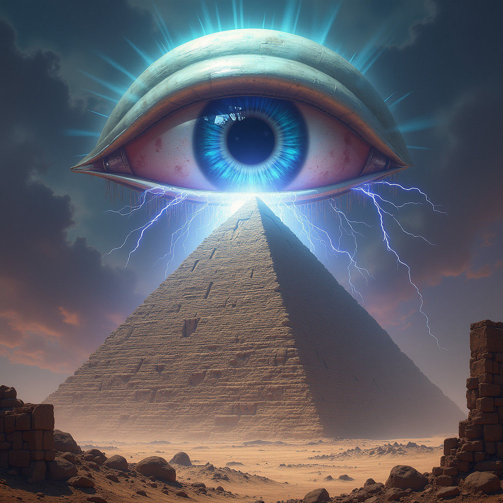 Glowing Eye Above Ancient Pyramid in Biomechanical Style