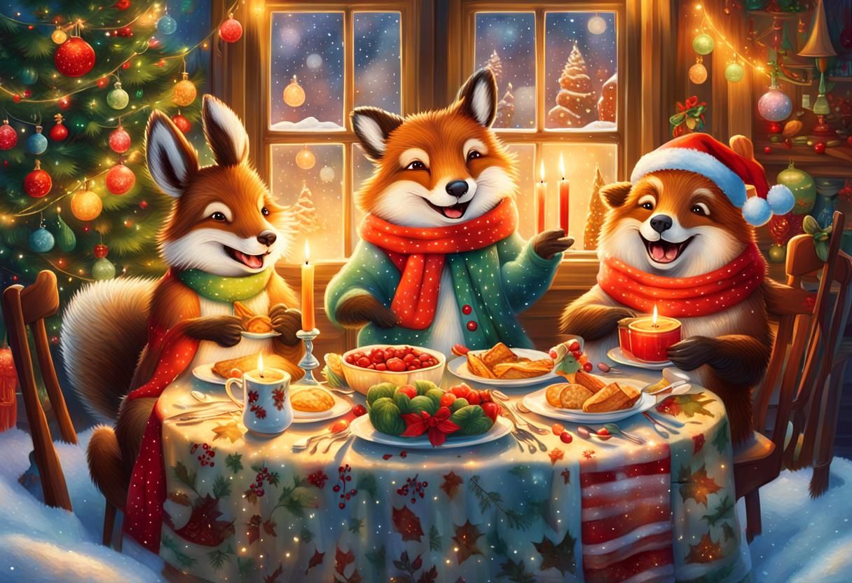 Whimsical Woodland Friends Share a Merry Christmas Feast