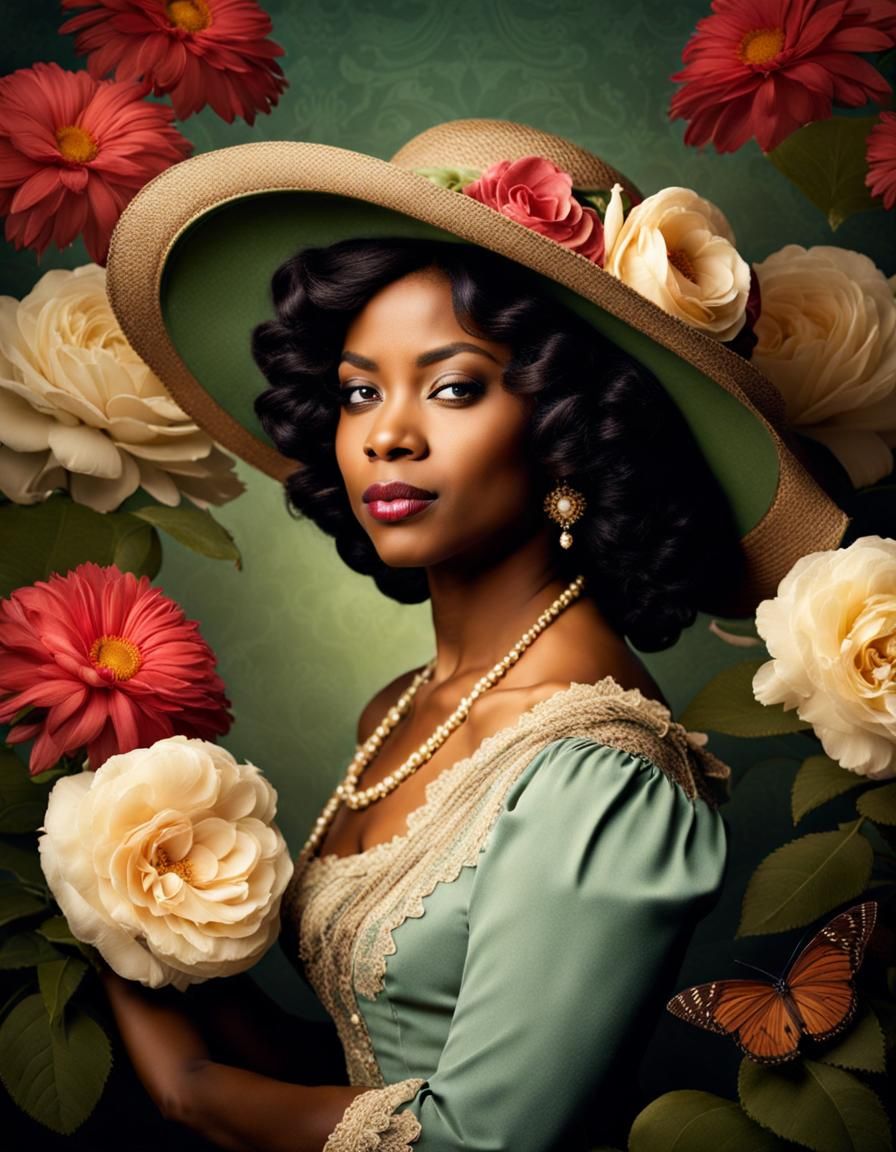 Victorian African American Woman with Floral Background