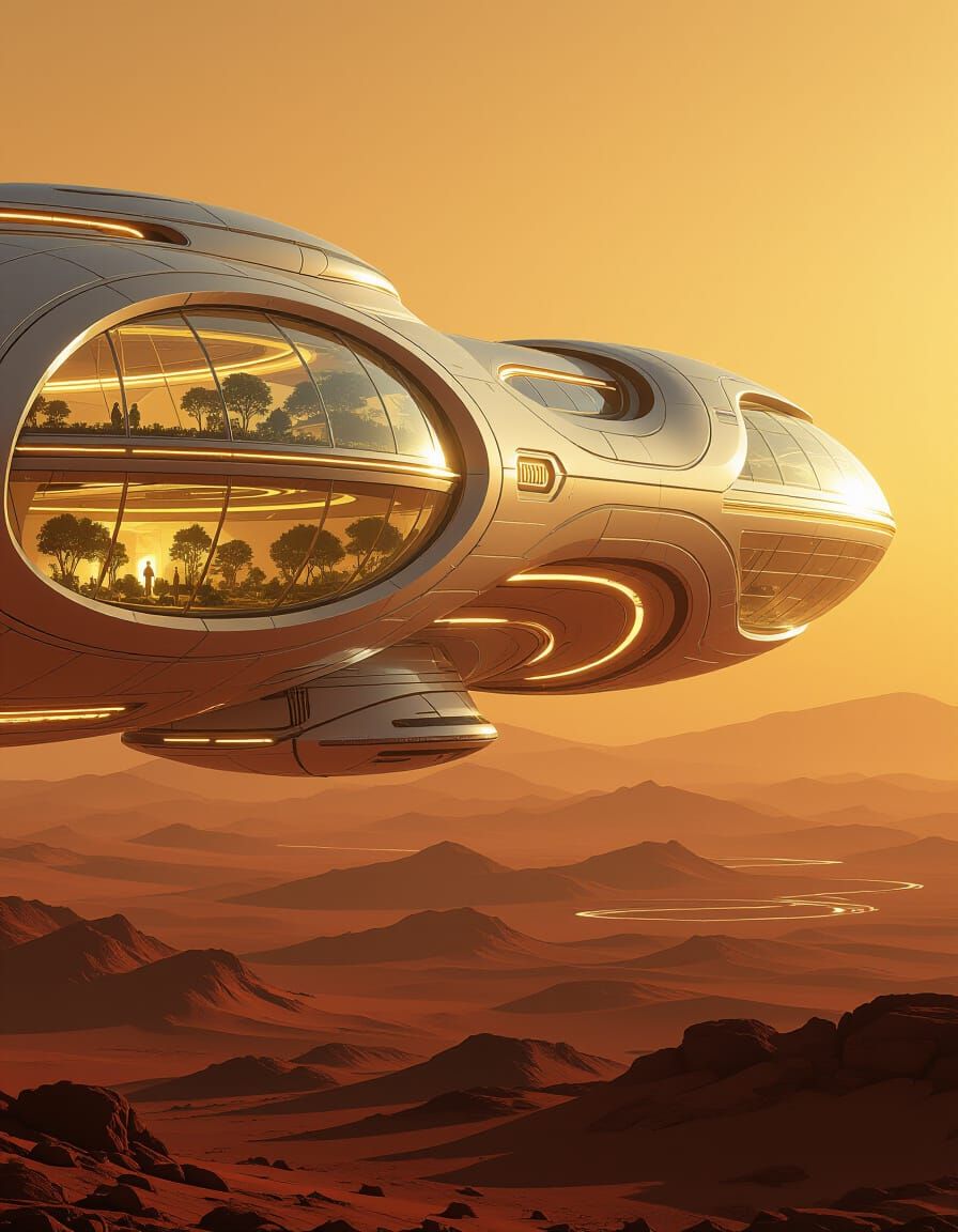 Biomechanical Habitat Orbiting Mars in Sci-Fi Style