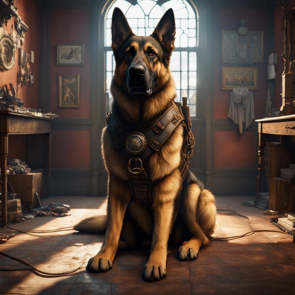 German Shepherd Guarding Room in Detailed Matte Painting