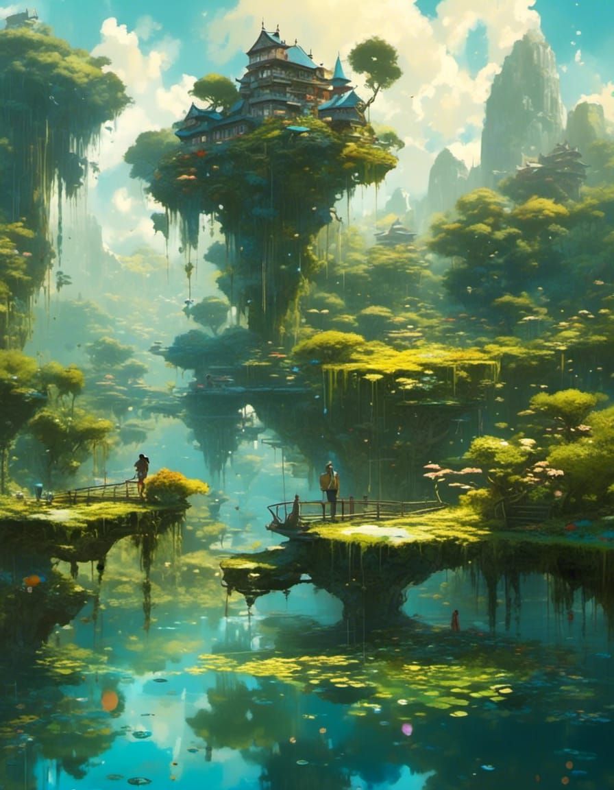 Floating Islands Over Lake in Ethereal Style