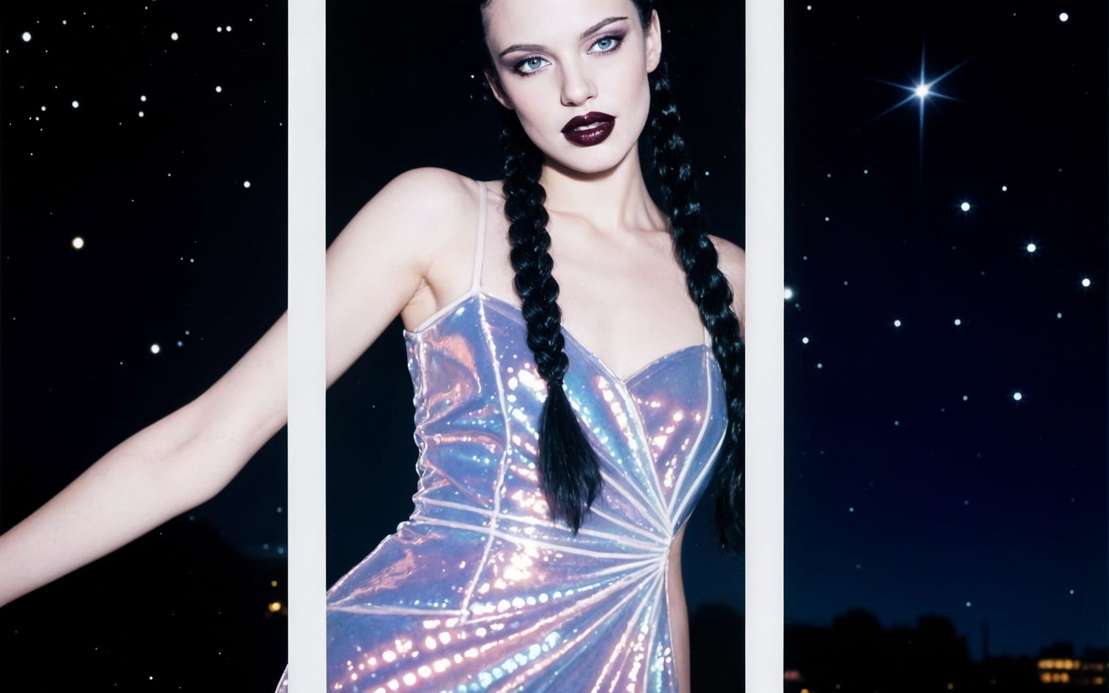 Woman in Glitter Dress with Sparkle Night Sky