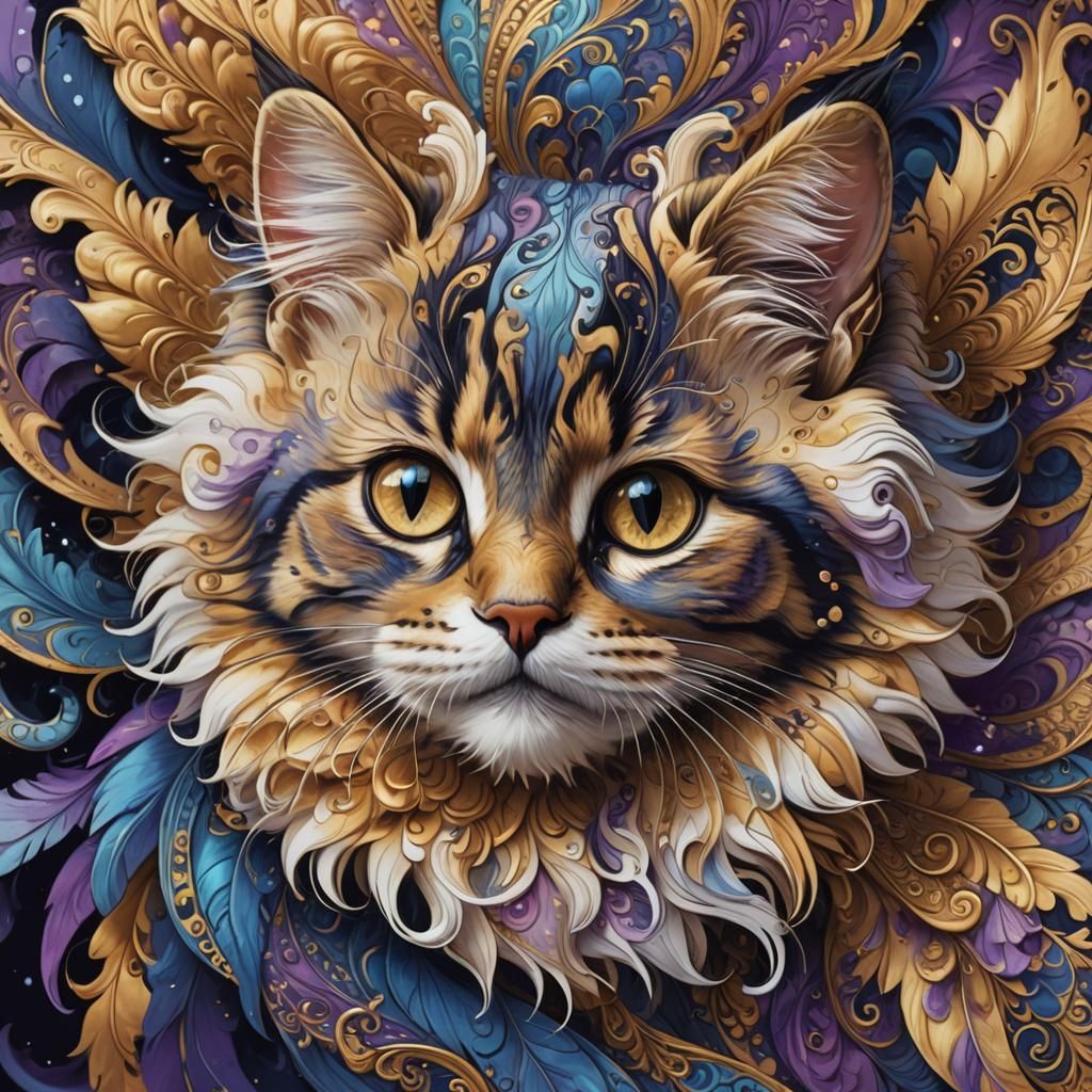 Exotic Kitten Portrait in Fantastical Ink Art
