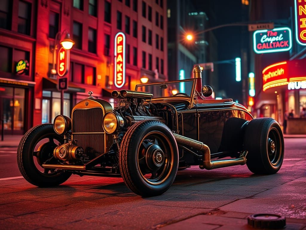 Steampunk Brass Hot Rod Convertible Under City Streetlights