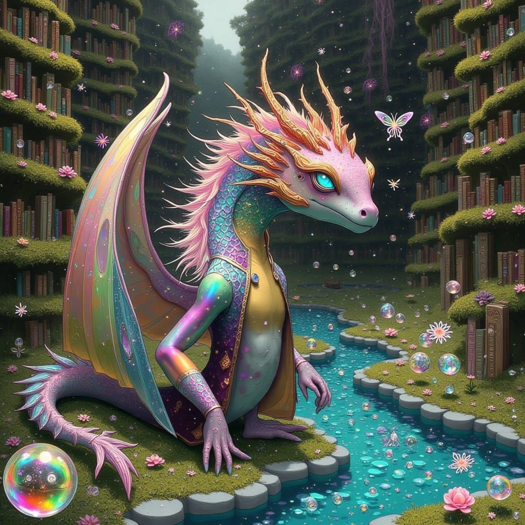 Whimsical Dragon Explores Enchanted Bookshelf Realm with Bou...