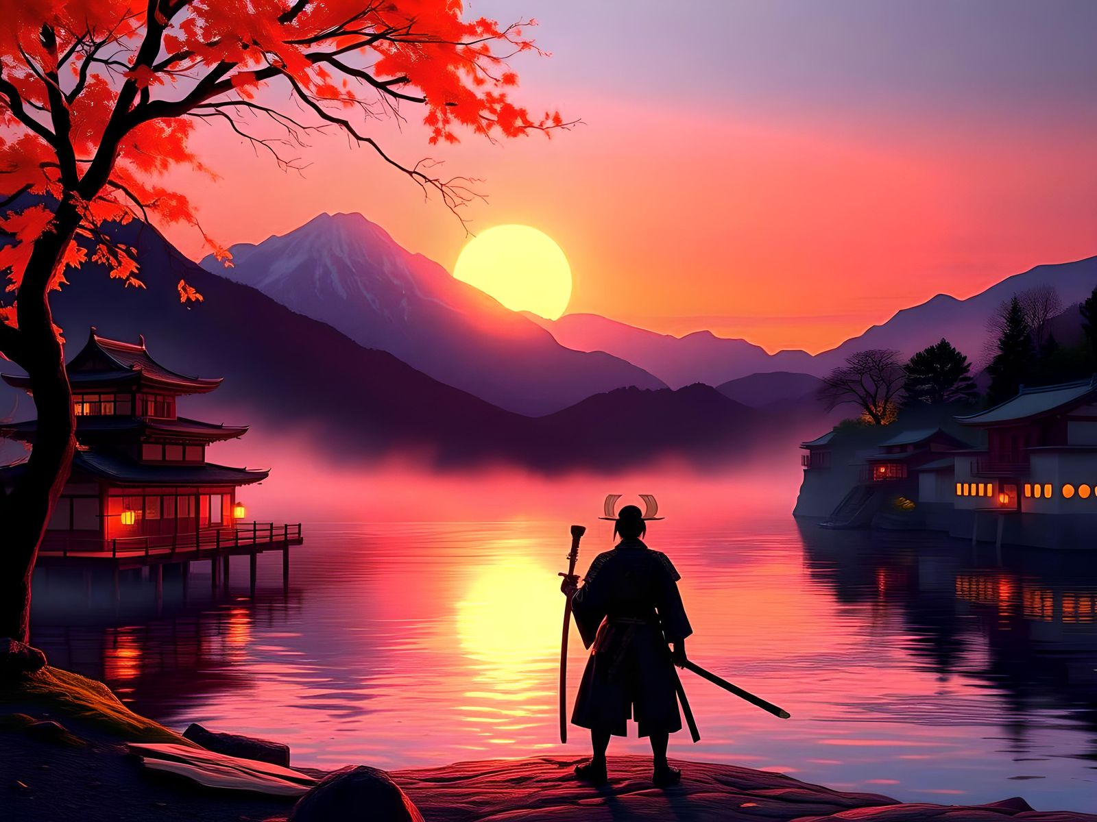 Samurai Reflects on Mountains at Sunset